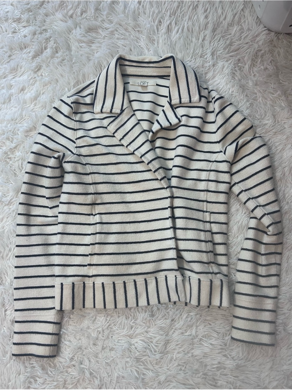 LOFT Cream and Navy Striped Knit Jacket